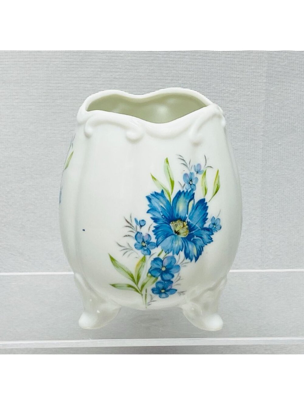 Vintage Inarco Japan Mini Vase With Blue Floral Design Footed Porcelain Decor